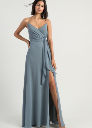 Spaghetti Straps Dusty Blue Chiffon Slit Bridesmaid Dress